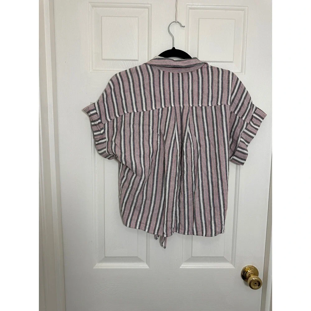 Cloth & Stone Striped Tie Front Linen Blend Button Down Shirt Navy Red White S - Picture 4 of 5
